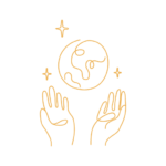 Minimalist line drawing of two hands raised with a stylized planet and stars above, symbolizing spirituality and connection